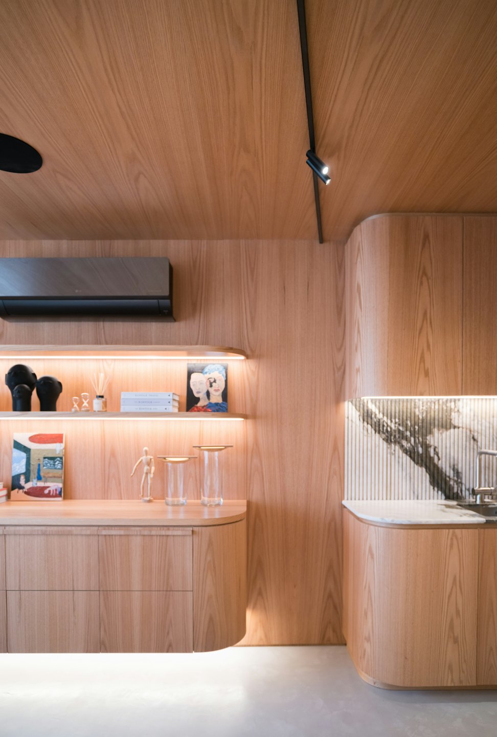 Modern room features wooden walls with built-in shelving and marble counters.
