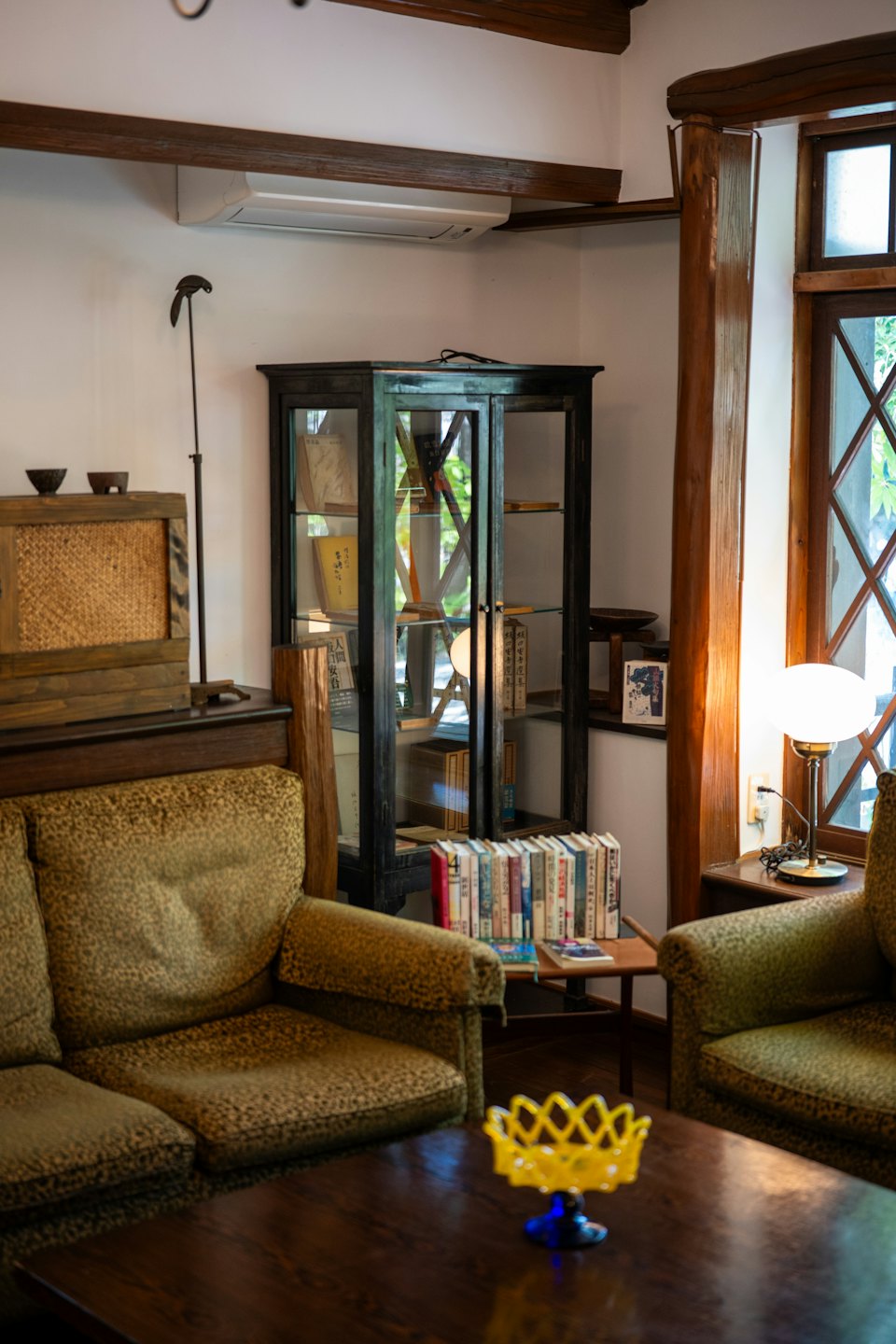 Green sofa and furniture in a rustic room with books.